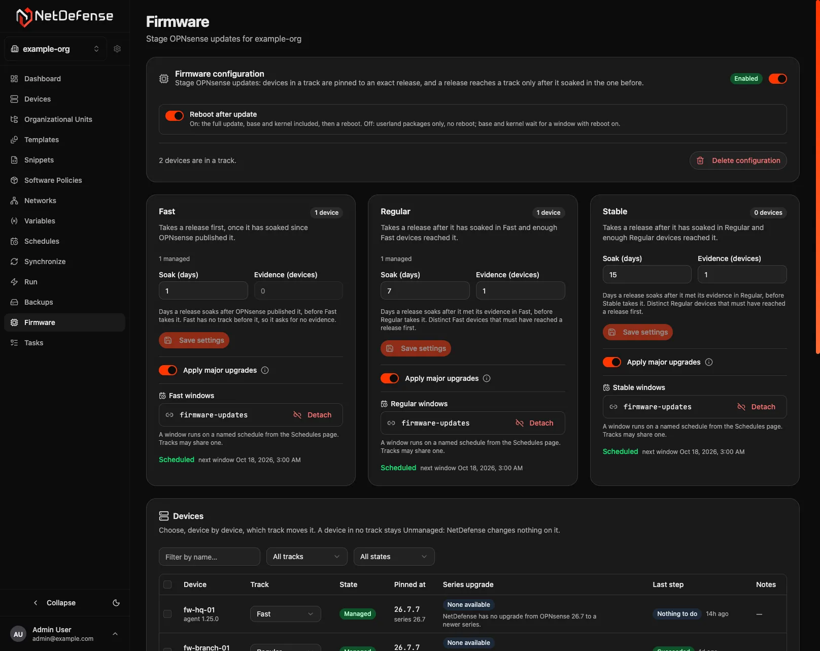 The Firmware page in the web app: the configuration, three track cards and the start of the Devices list.