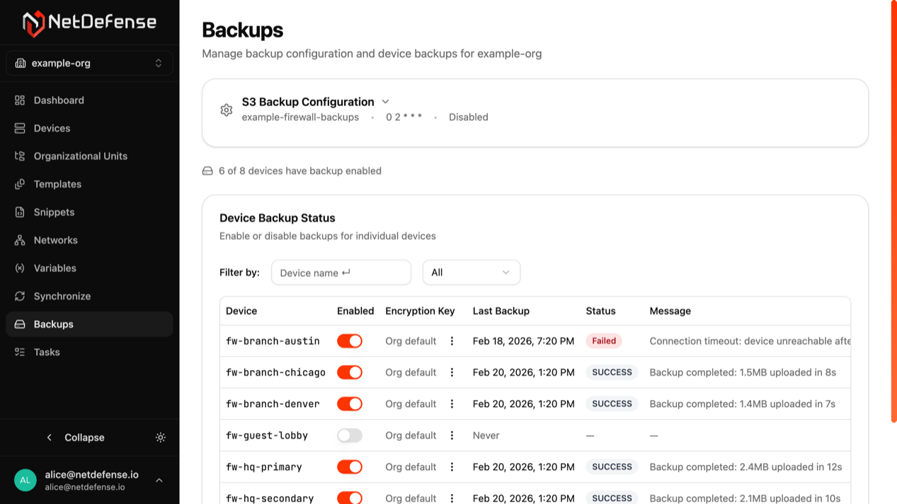 Backup configuration in NDWeb