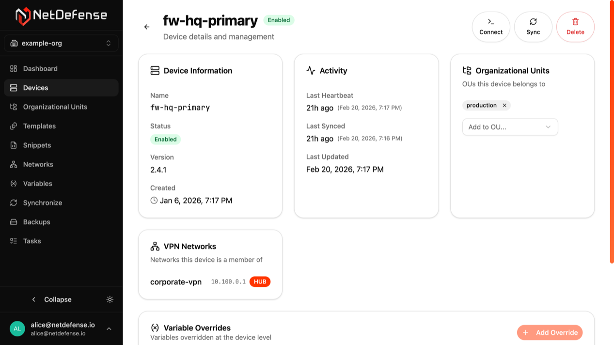 Device detail view in NDWeb