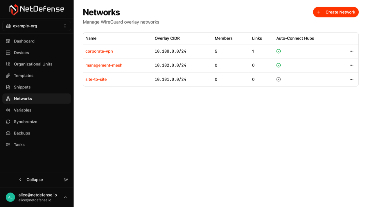 VPN networks list in NDWeb