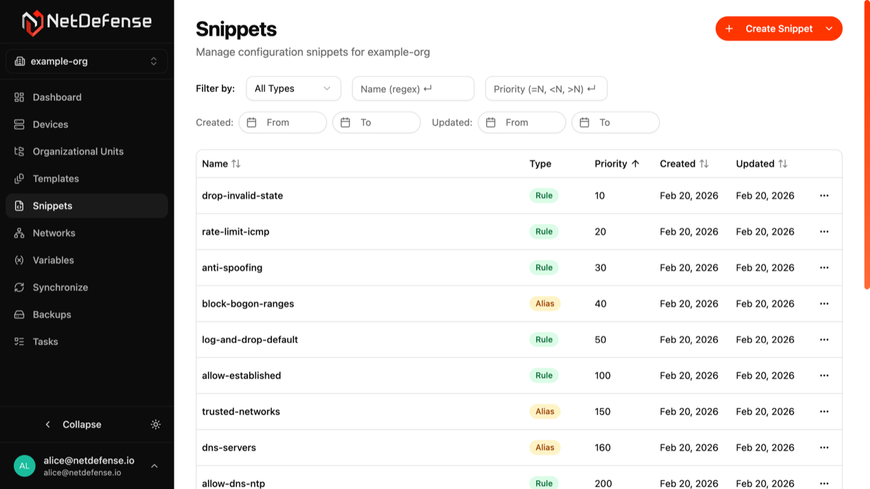 Snippets list in NDWeb