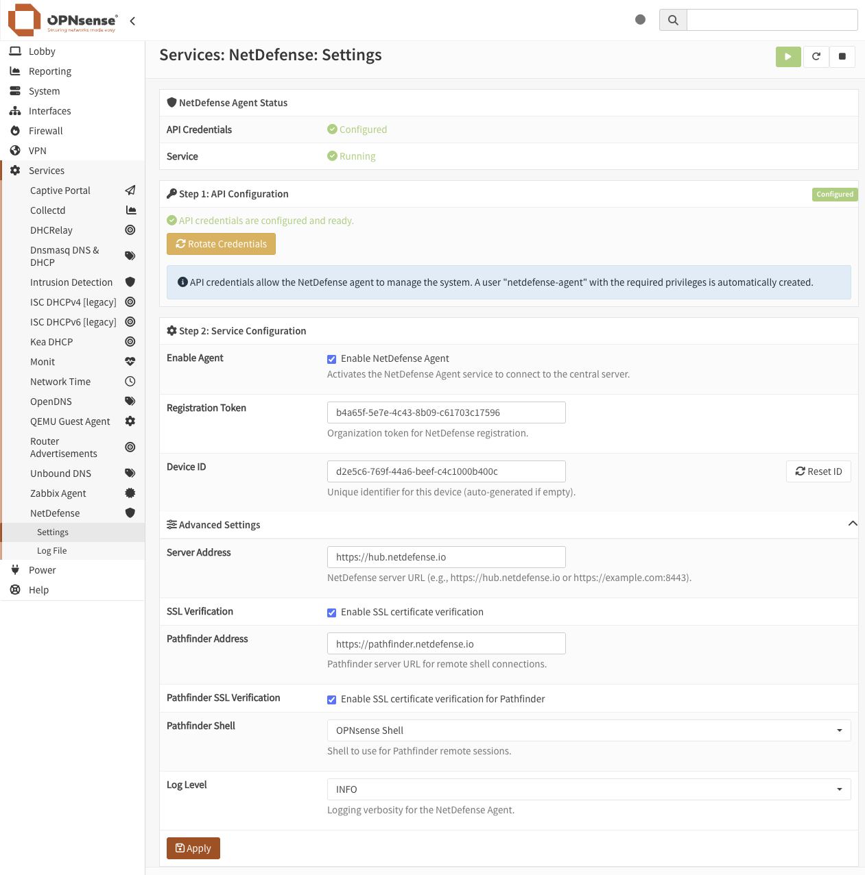 NetDefense plugin settings in OPNsense