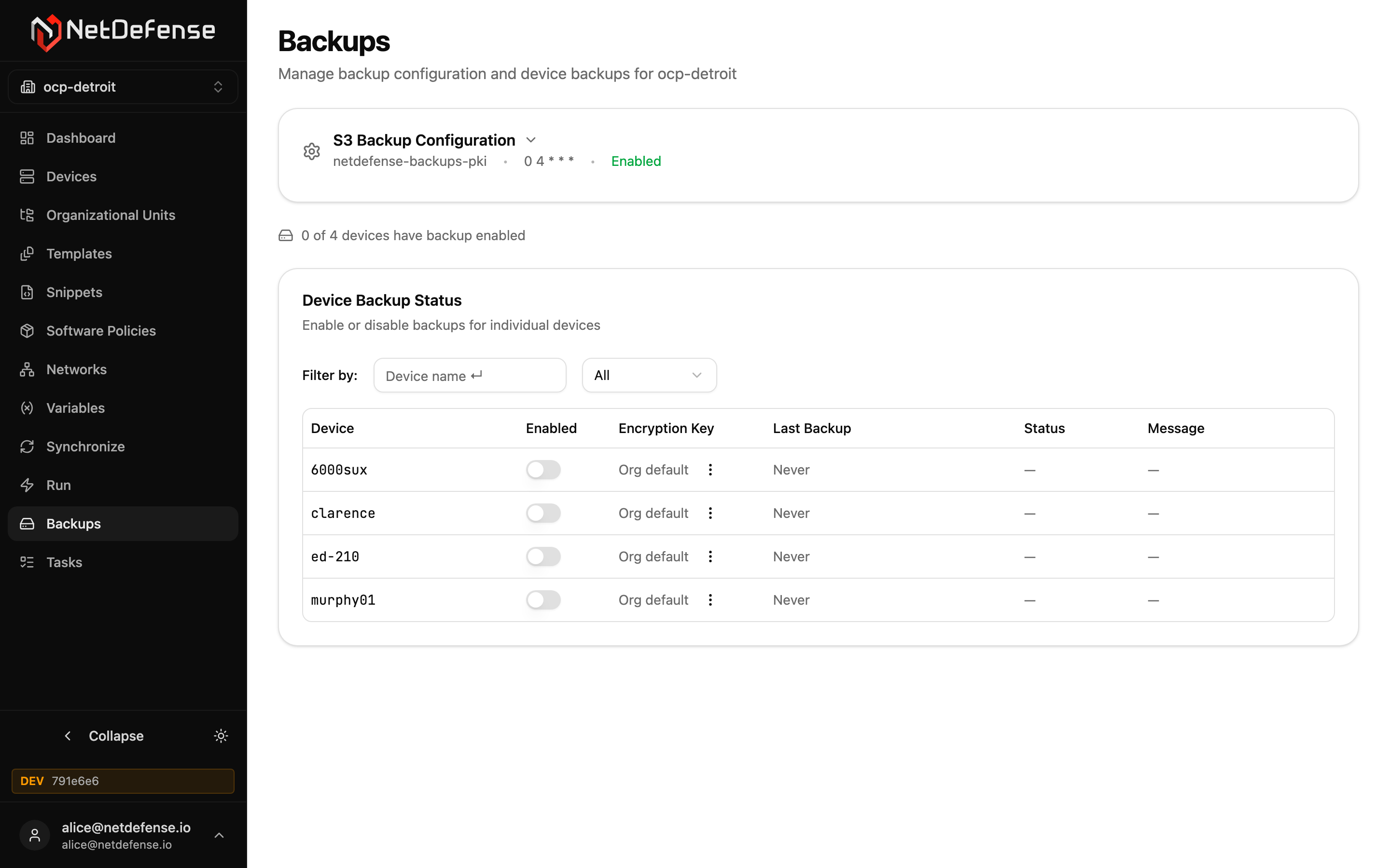 NDWeb Backups page showing S3 configuration enabled and a Device Backup Status table with four devices, all disabled, none ever backed up