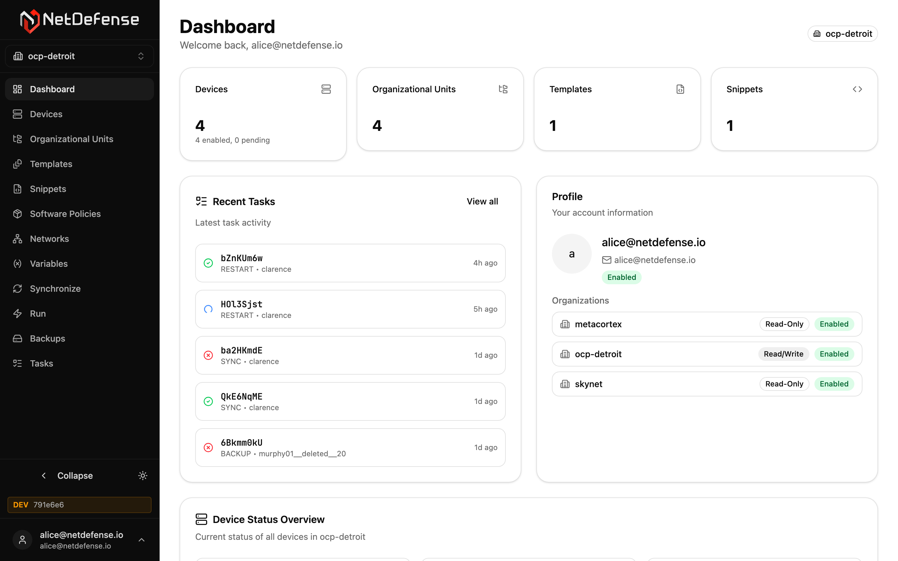 NDWeb dashboard showing the left sidebar, top bar, and main content area for organization ocp-detroit