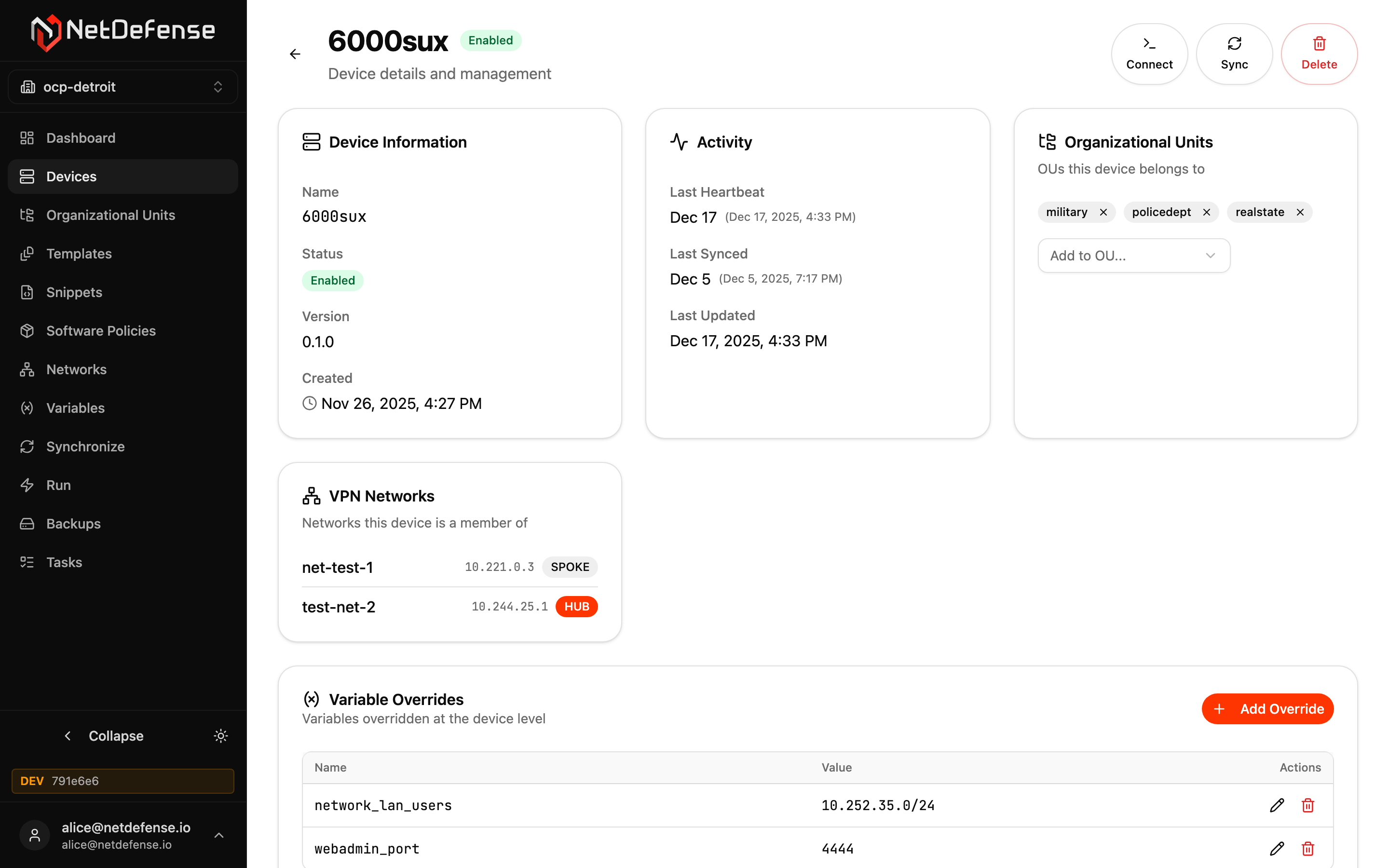 NDWeb device detail page for "6000sux" with information, activity, OU membership, VPN memberships, and variable overrides