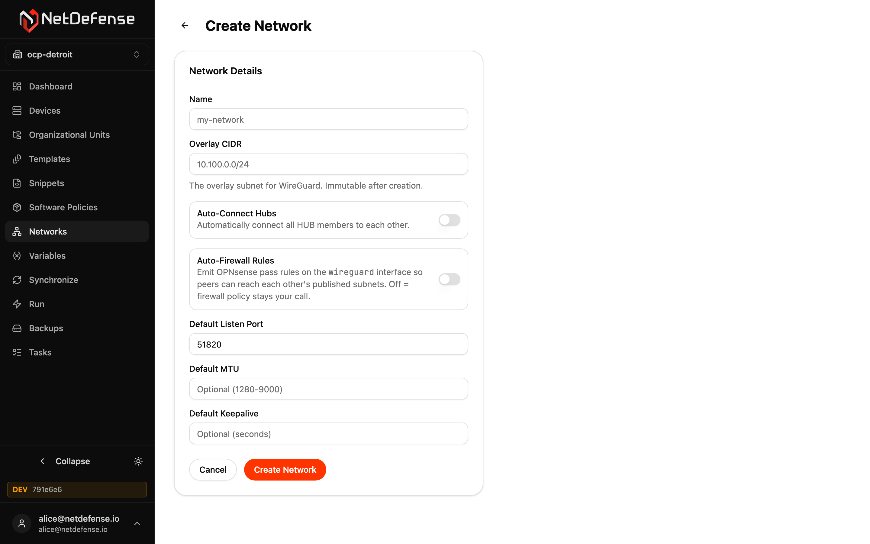 NDWeb Create Network form with name, overlay CIDR, auto-connect hubs toggle, auto-firewall rules toggle, default listen port, MTU, and keepalive