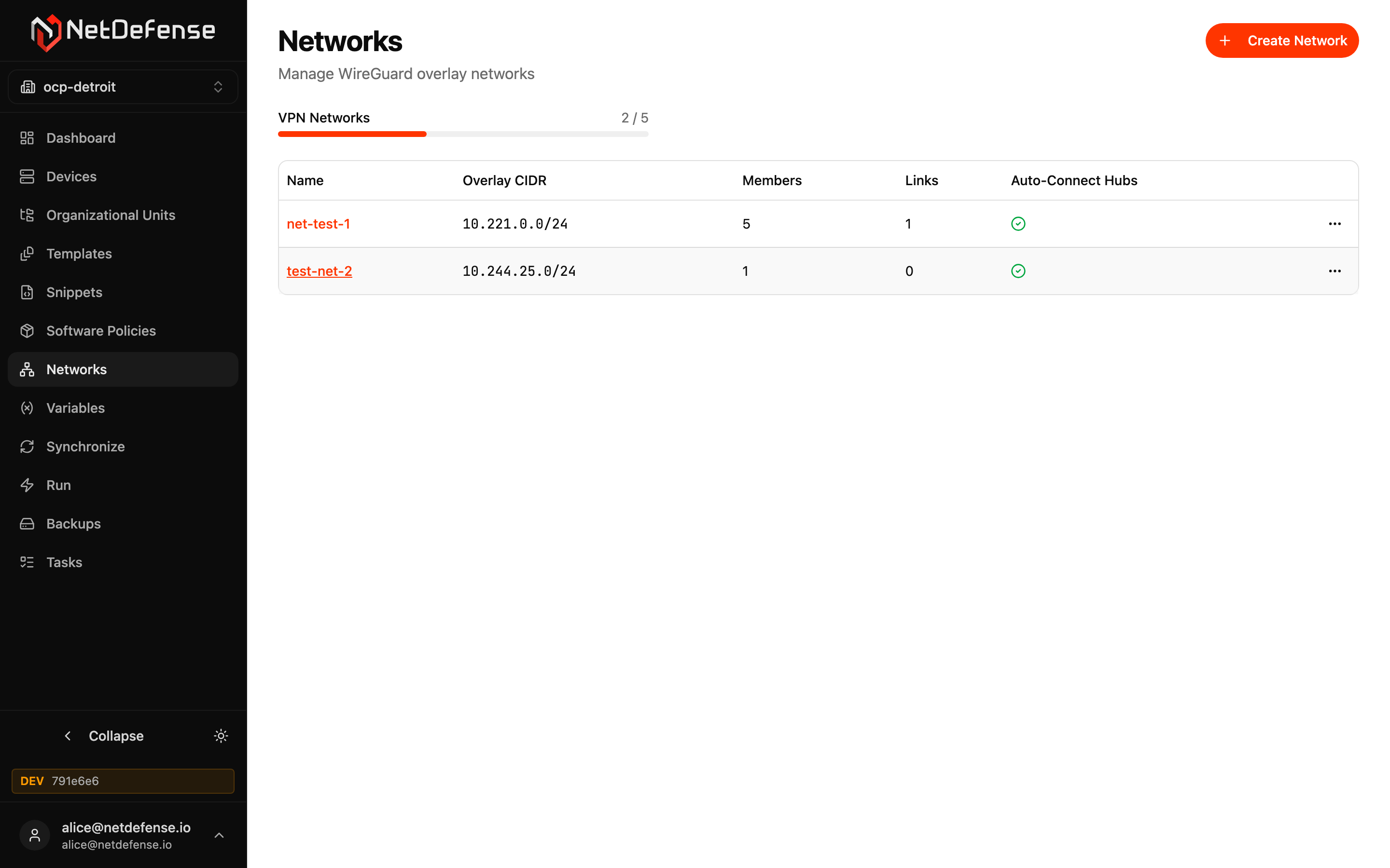 NDWeb Networks list showing two WireGuard overlay networks with CIDR, members, links, and auto-connect status