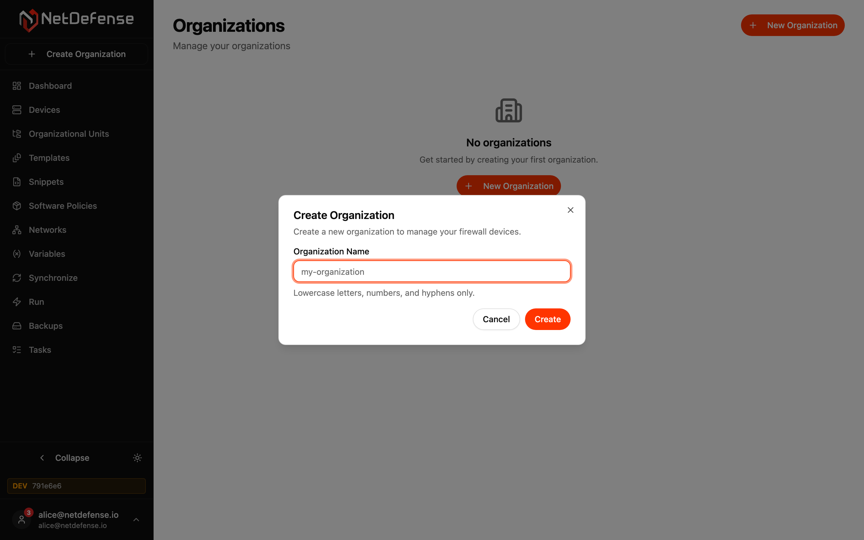 NDWeb Create Organization dialog — name field with hint "Lowercase letters, numbers, and hyphens only."
