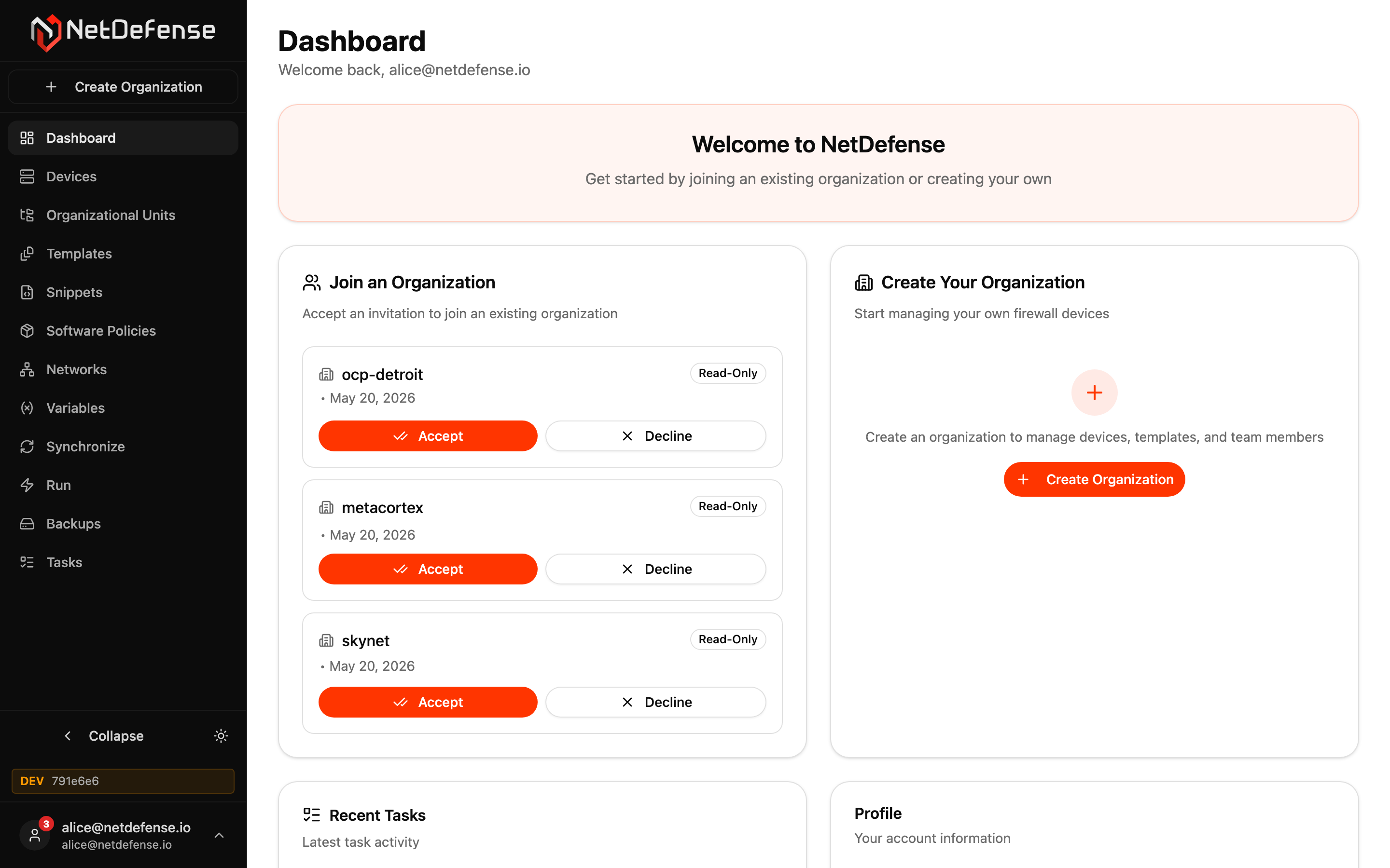 NDWeb dashboard on first login — welcome state with pending invitation and create-organization cards