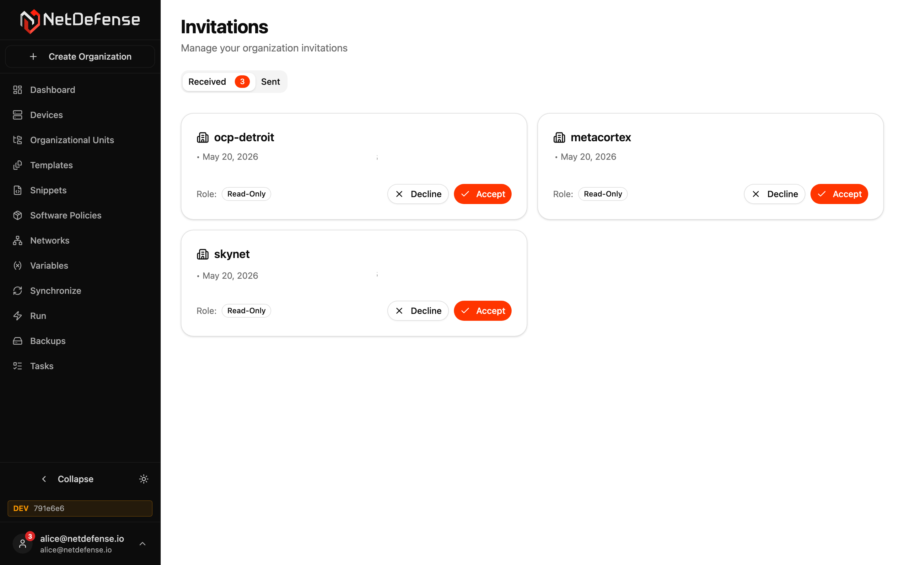 NDWeb Invitations page showing three received invitations