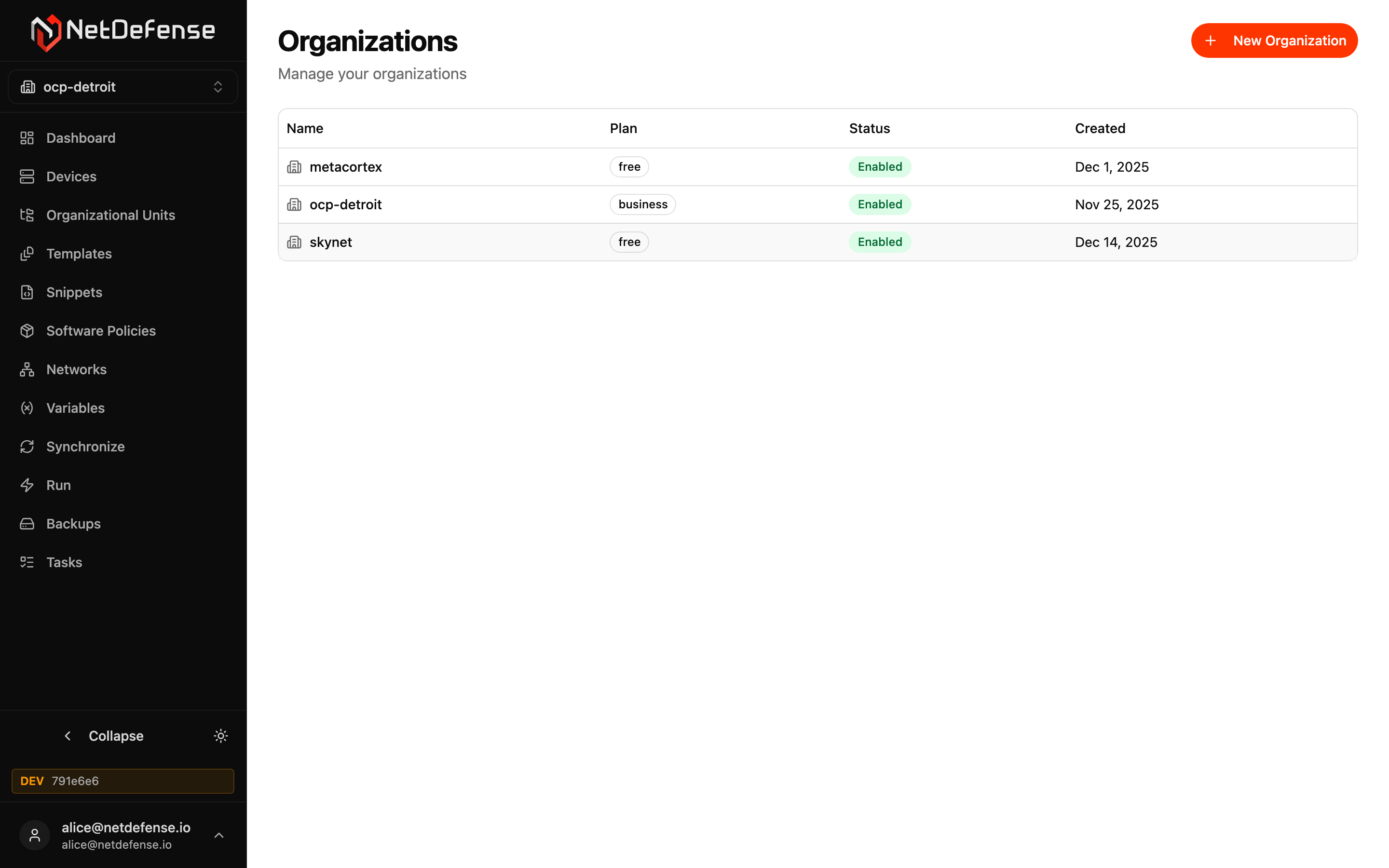 NDWeb Organizations page showing three organizations: metacortex (free), ocp-detroit (business), skynet (free), all enabled
