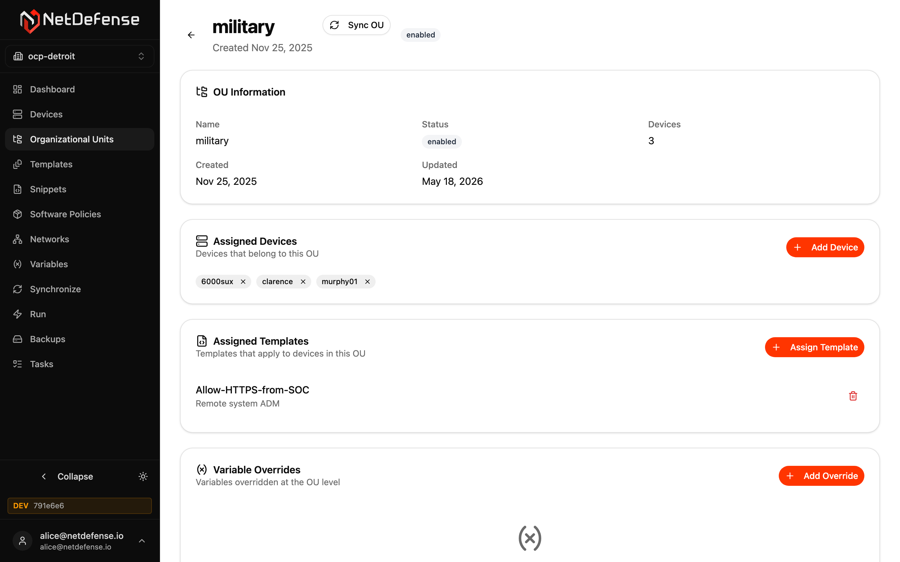 NDWeb OU detail page for "military" with information, assigned devices, assigned templates, and variable overrides
