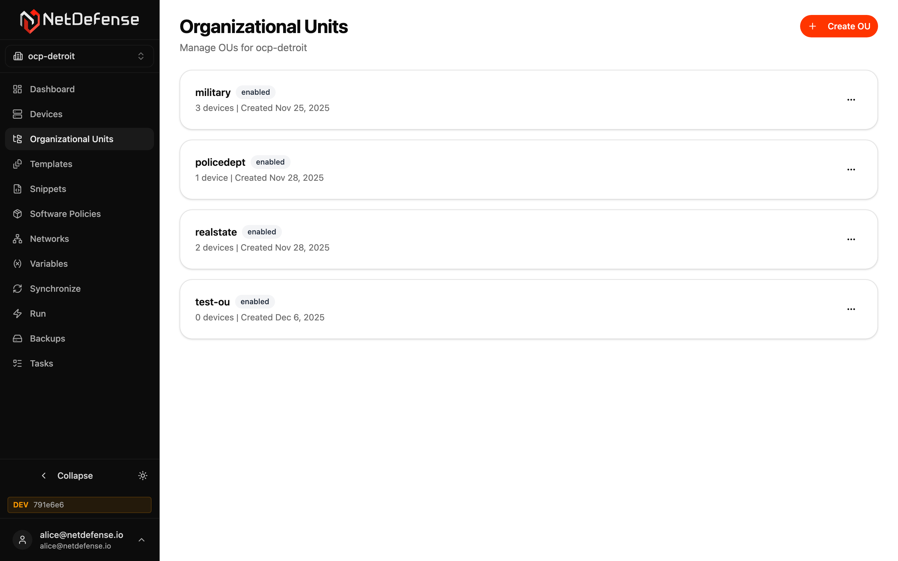 NDWeb Organizational Units list for ocp-detroit showing four OUs with device counts and status