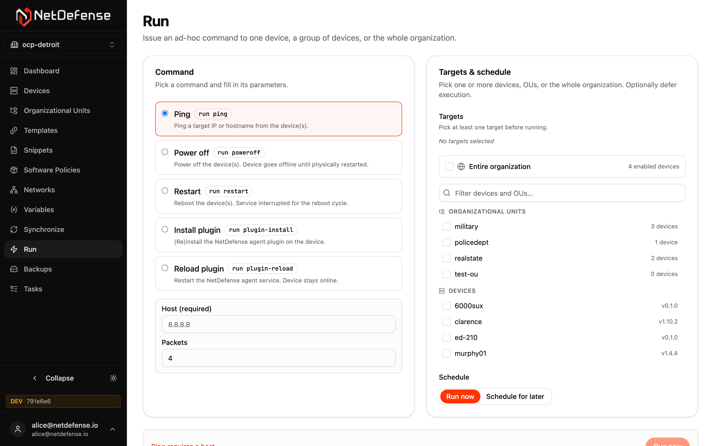 NDWeb Run page with a Ping command selected on the left, host and packet fields, and target selection (entire organization or specific devices/OUs) on the right