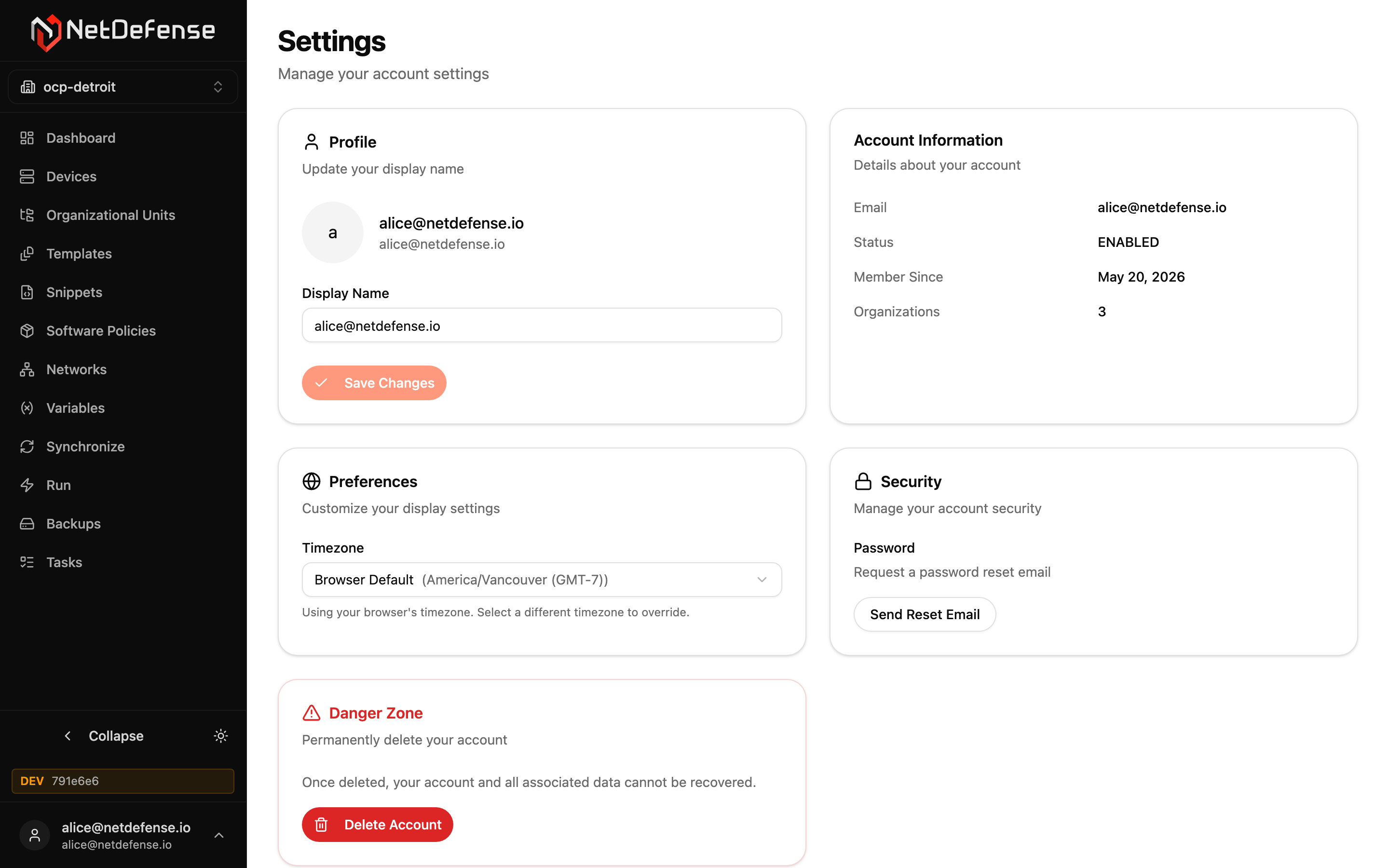 NDWeb Settings page with Profile, Account Information, Preferences, Security, and Danger Zone cards