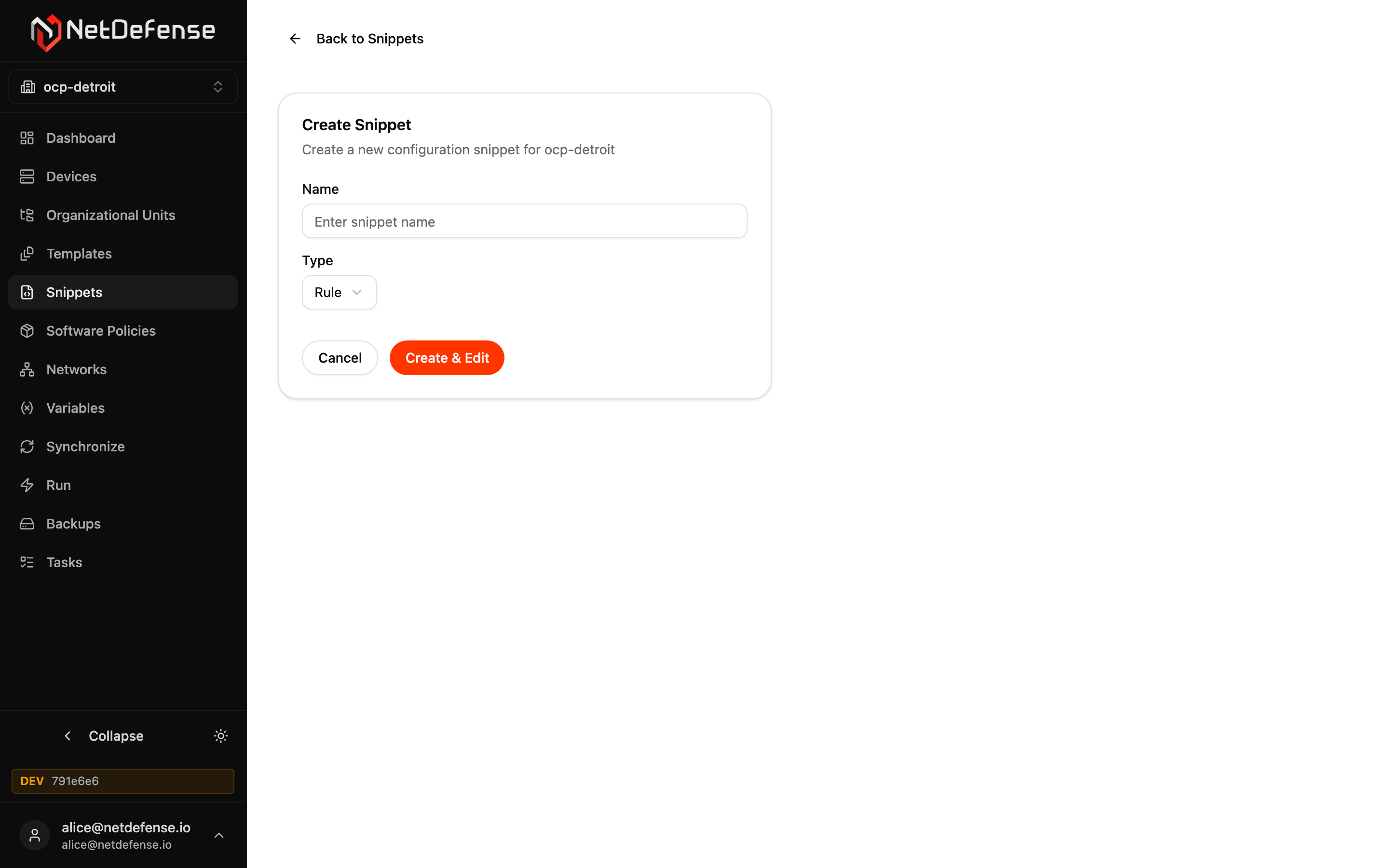 NDWeb Create Snippet page with the type picker, metadata fields, and an empty JSON editor