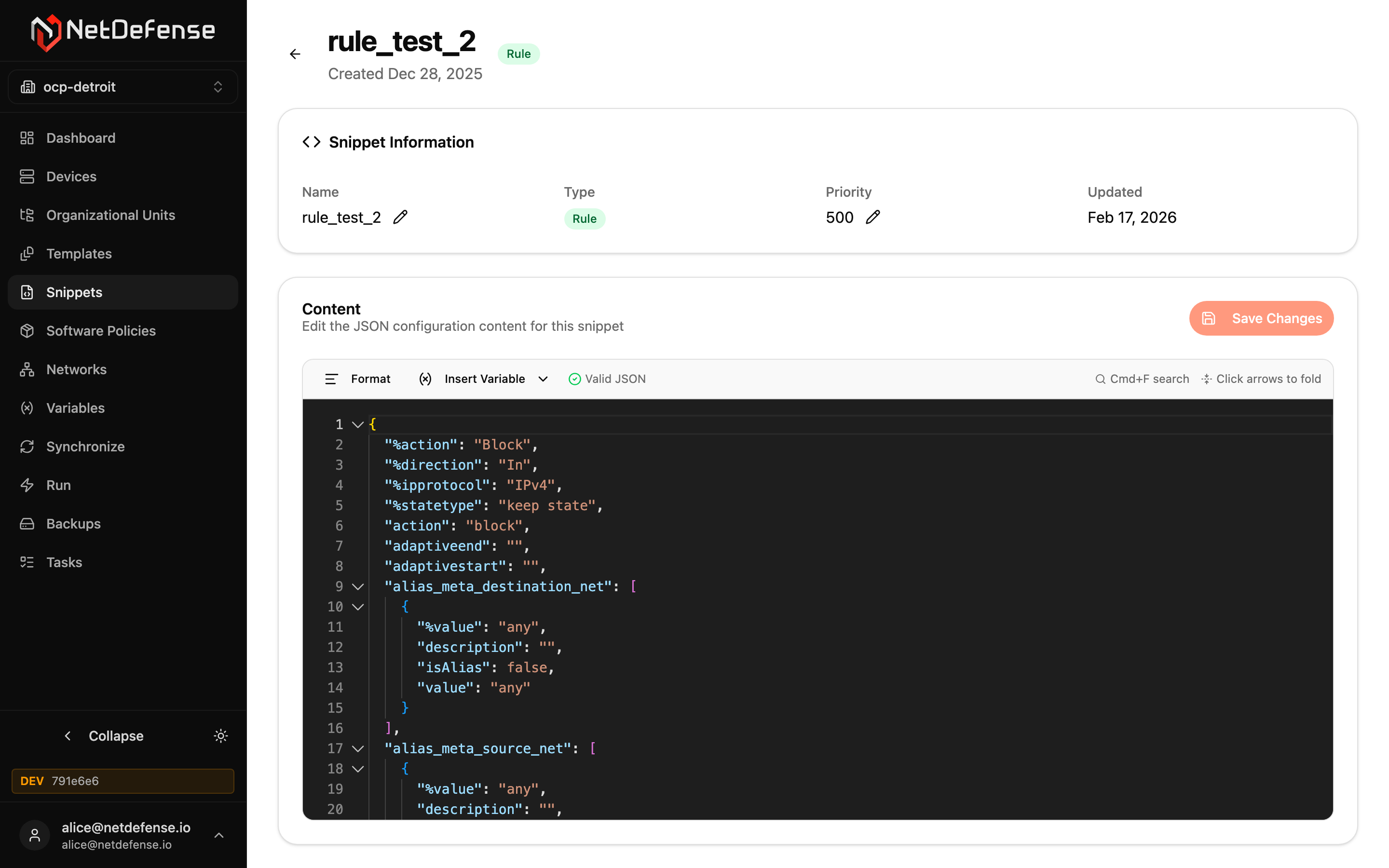 NDWeb snippet detail page for "rule_test_2" with metadata and a JSON content editor