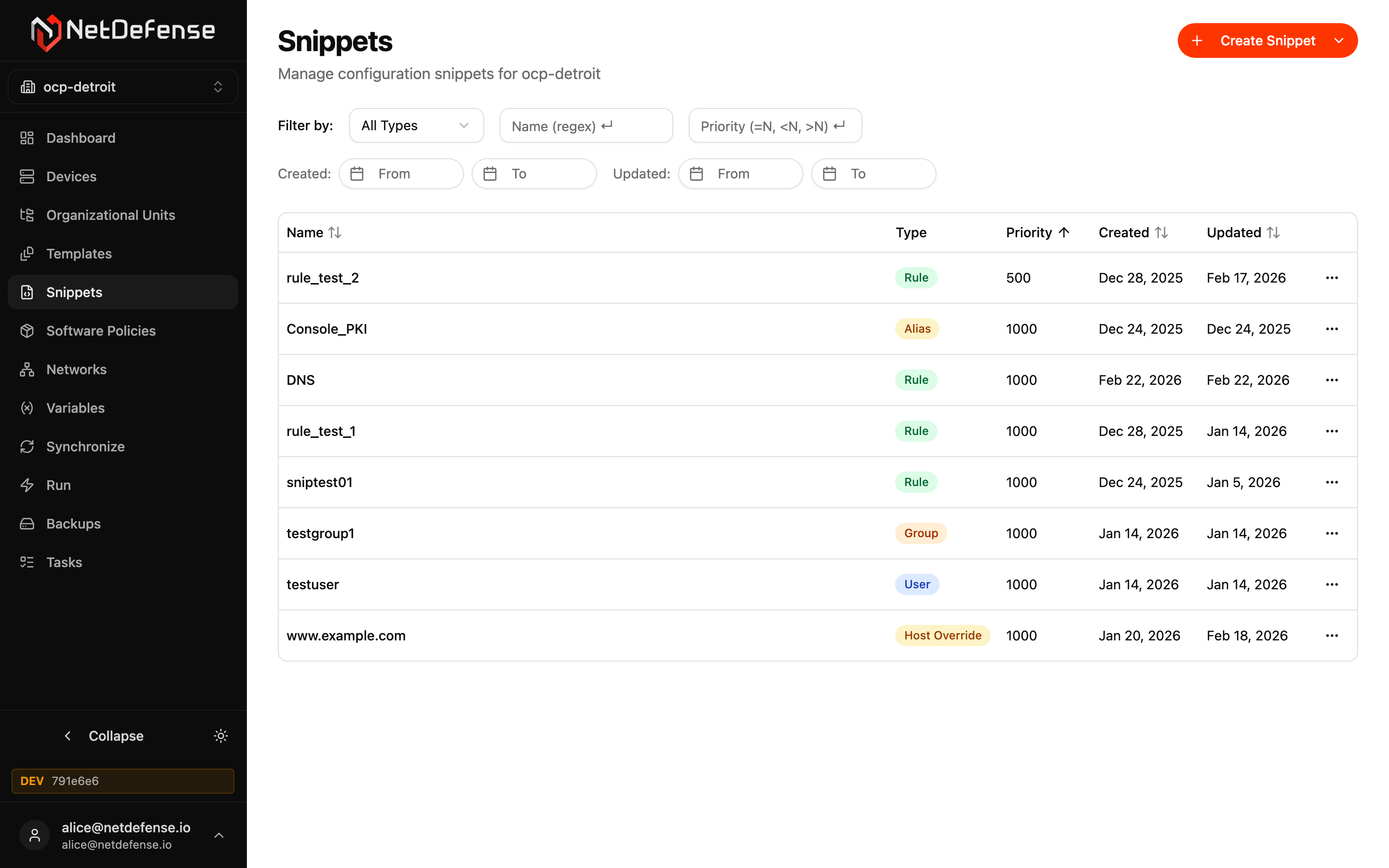 NDWeb Snippets list for ocp-detroit with type, priority, and timestamp filters
