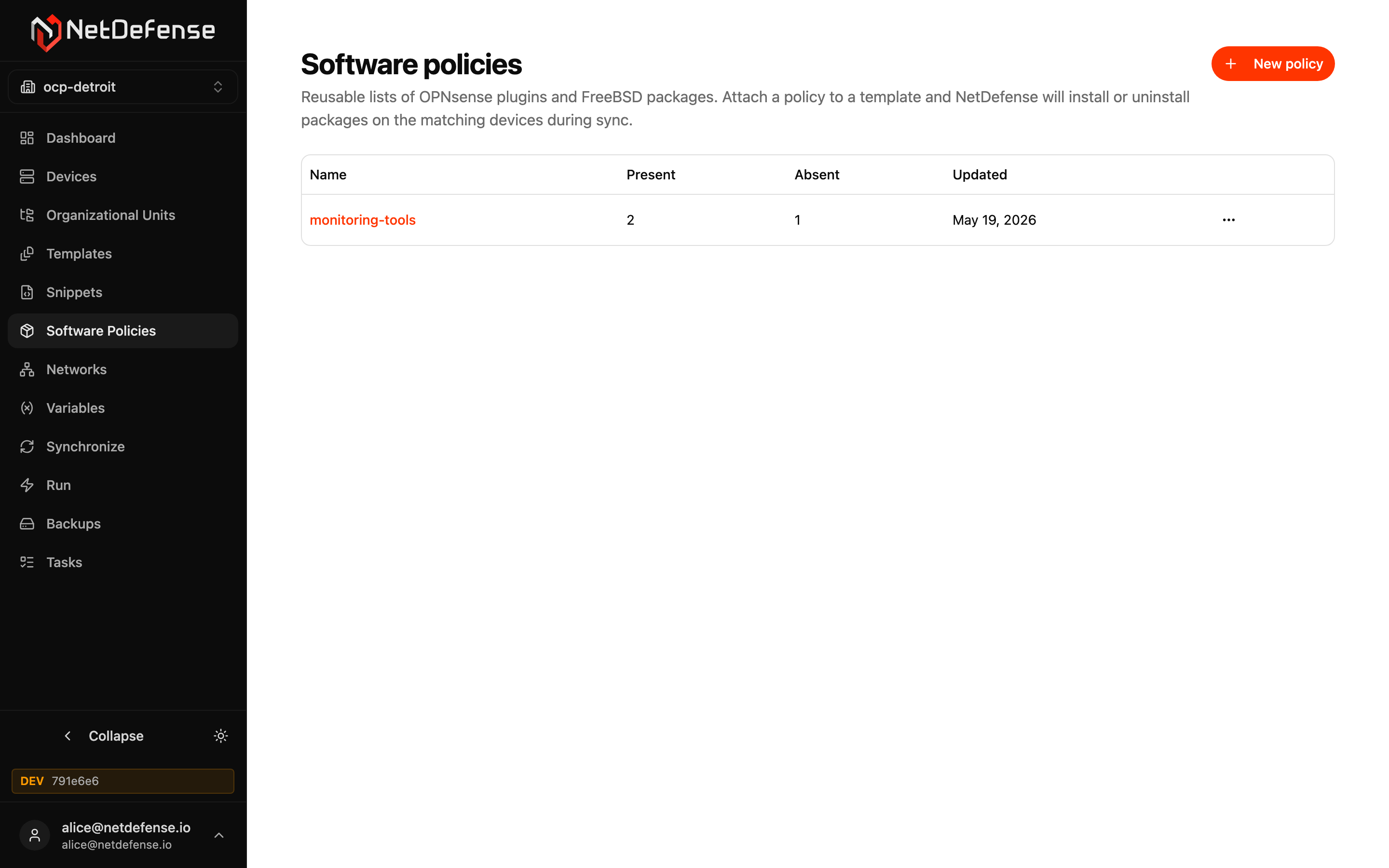 NDWeb Software policies list showing a "monitoring-tools" policy with present/absent counts