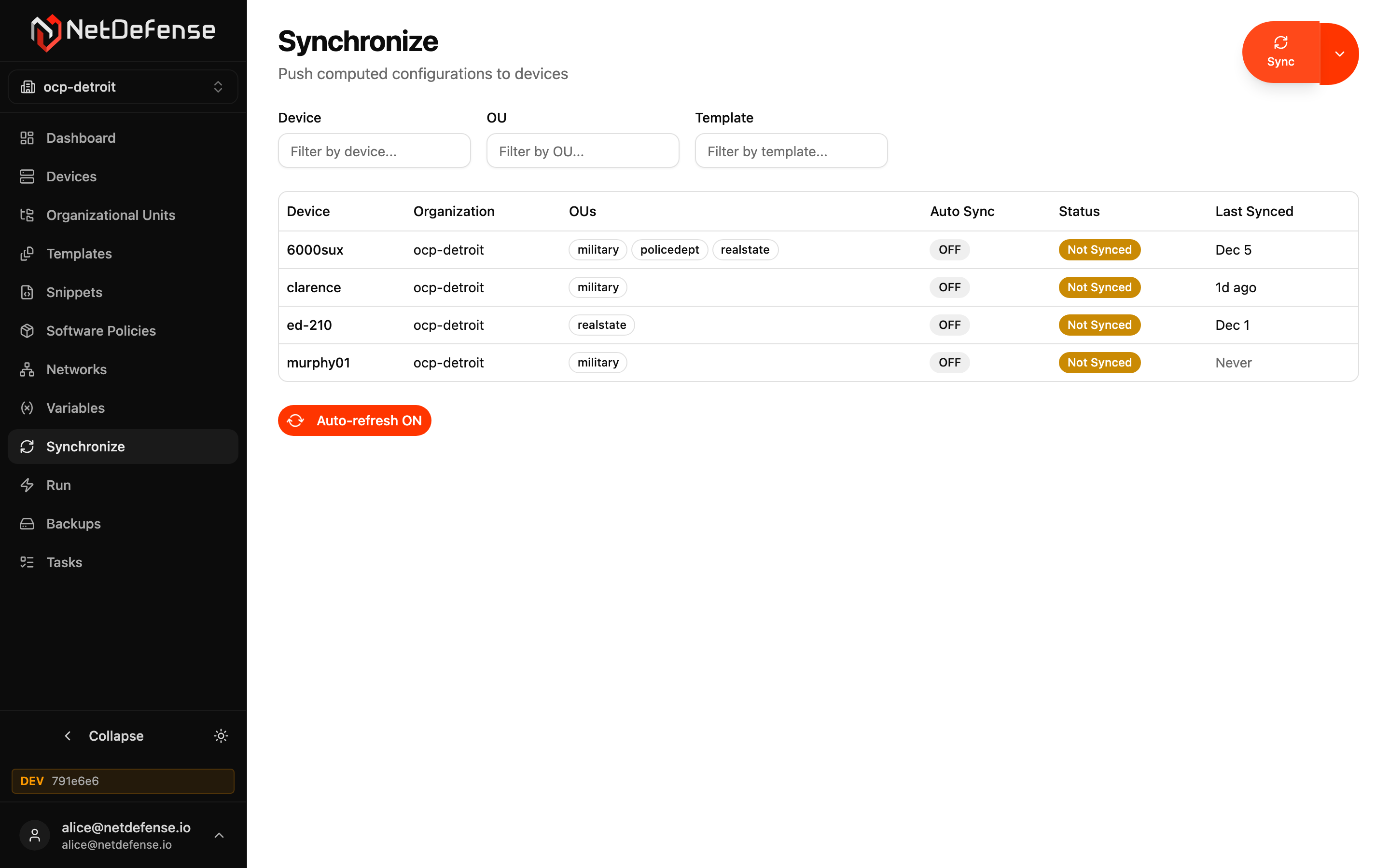 NDWeb Synchronize page listing four devices with their sync status, last sync timestamp, and Auto Sync toggle