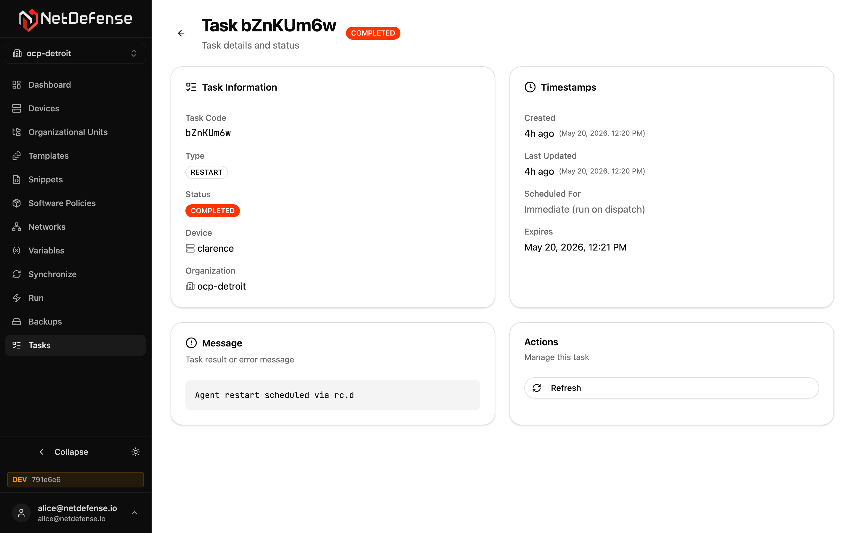 NDWeb task detail page for a completed RESTART task on device "clarence" with information, timestamps, message, and a Refresh action