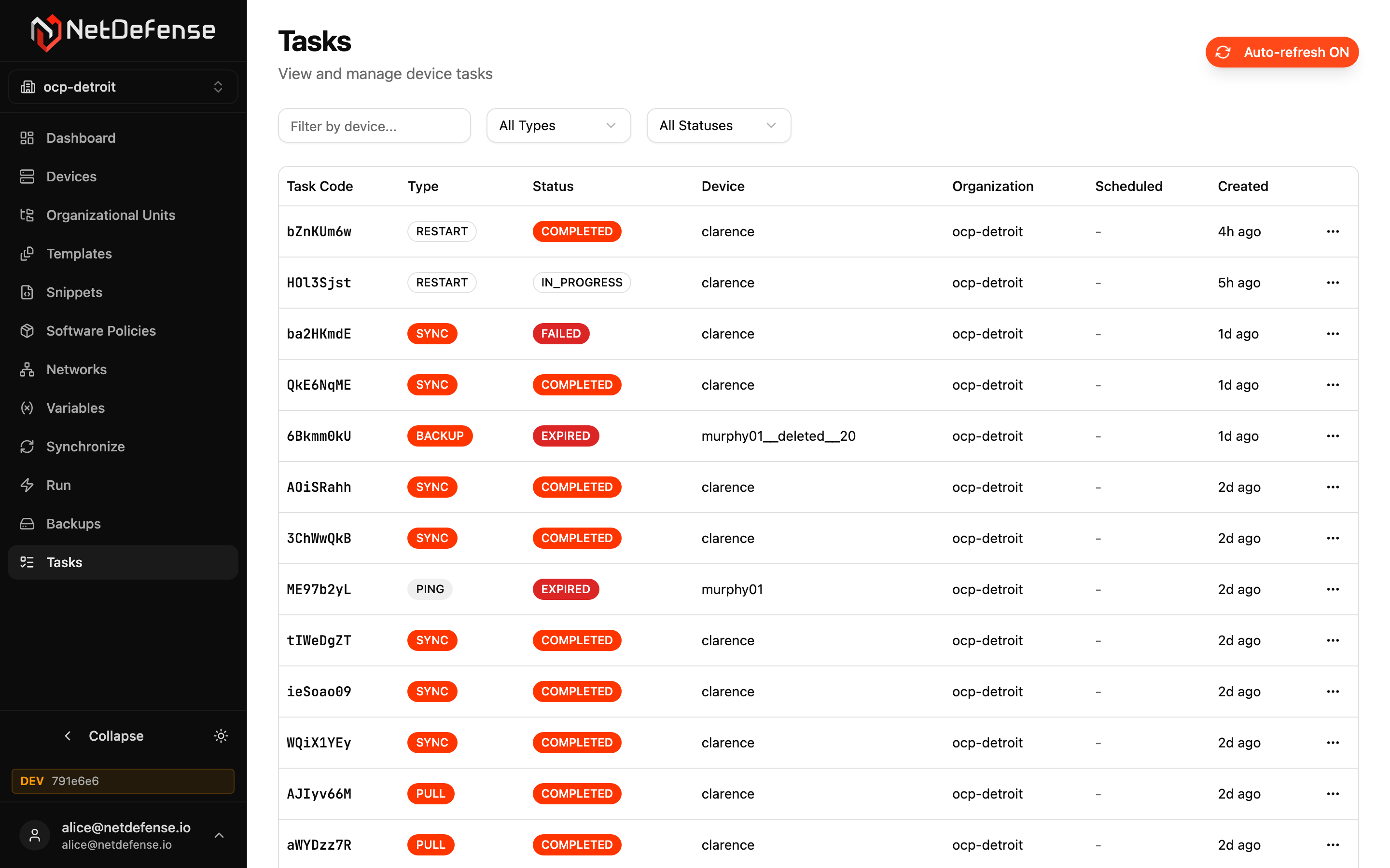 NDWeb Tasks list showing task code, type, status, device, organization, scheduled, and created columns
