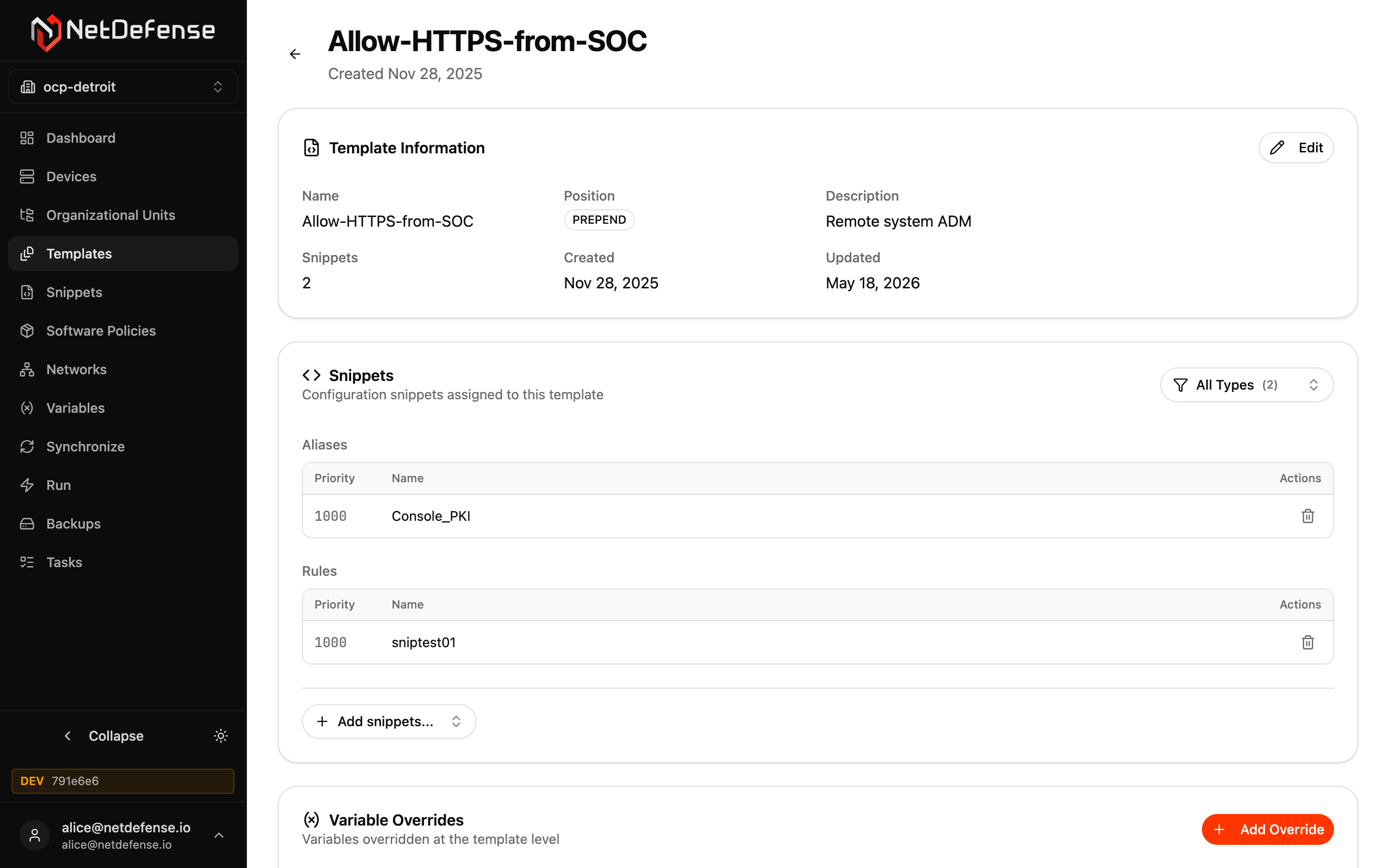NDWeb template detail page for "Allow-HTTPS-from-SOC" showing template info, snippets grouped by type, and variable overrides
