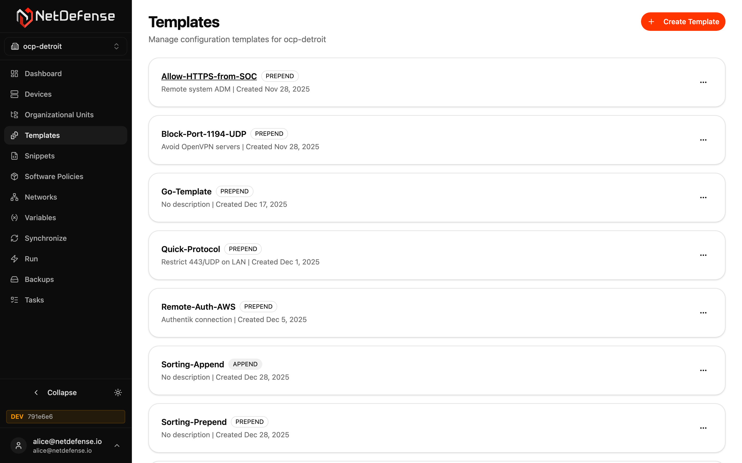 NDWeb Templates list for ocp-detroit showing several templates with PREPEND/APPEND positions