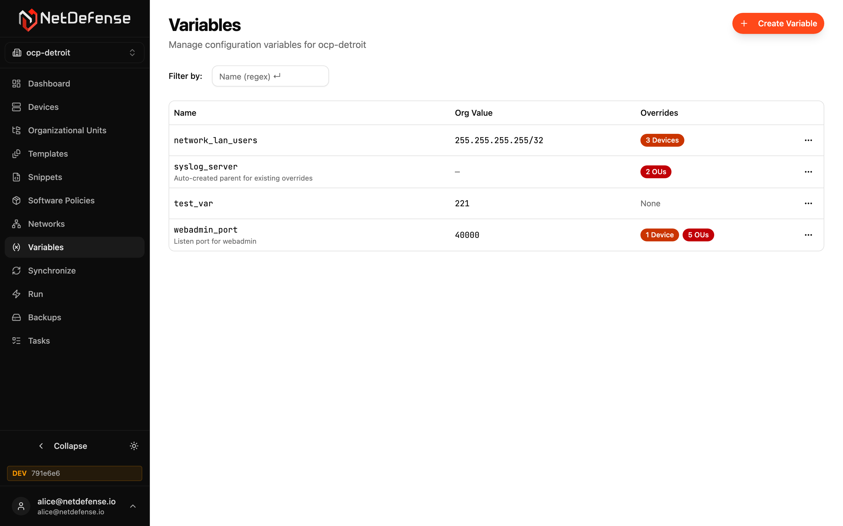 NDWeb Variables list for ocp-detroit showing four variables with org-level value and override counts